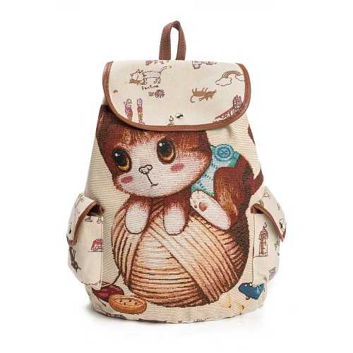 Women Backpack Cute Cat Design Bag Leather Canvas Material Funny Kitten Style 